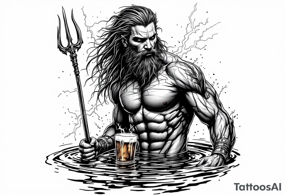 young, fit poseidon in calm water, holding a trident, holding a beer, with lightning tattoo idea