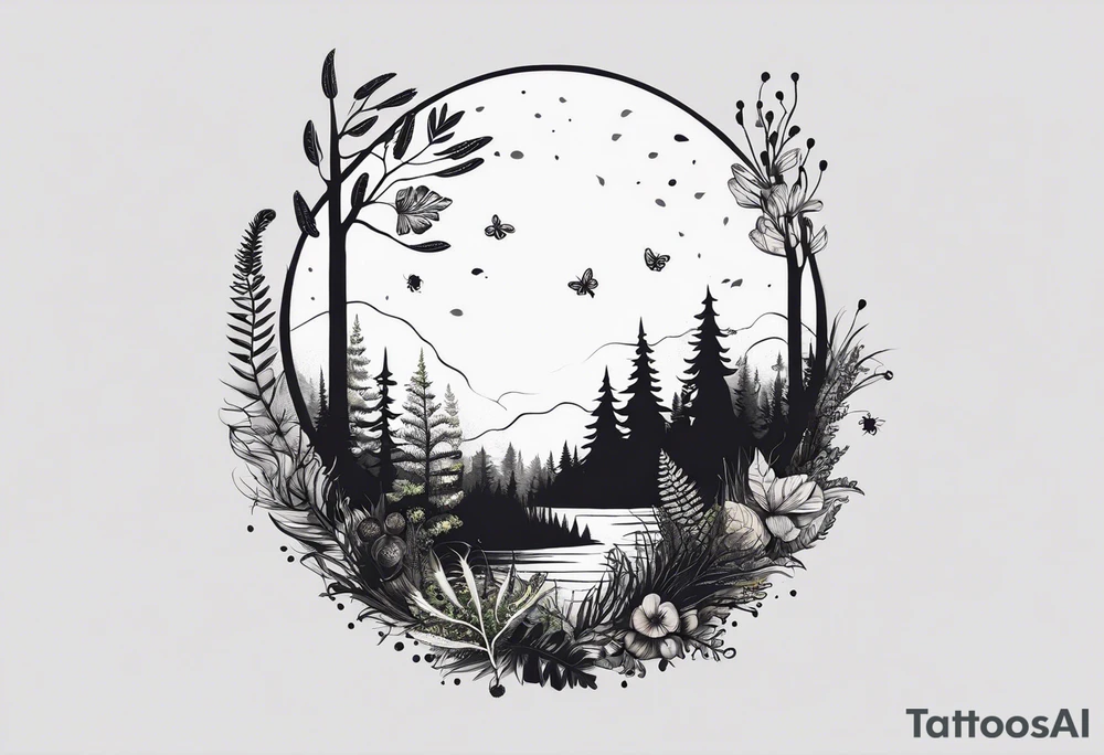 forest floor inspired minimalist tattoo, which includes grass, curly ferns, moss and dead leaves as the bulk of the tattoo. details to include: forest berries, a tiny bumblebee flying nearby, three small brown mushrooms
Generate a vertically long one tattoo idea