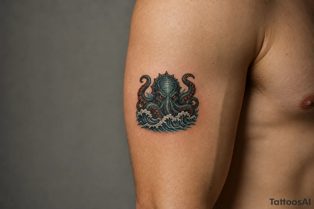 A powerful kraken-like water demon, tentacles emerging from stormy waves. tattoo idea