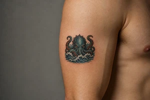 A powerful kraken-like water demon, tentacles emerging from stormy waves. tattoo idea