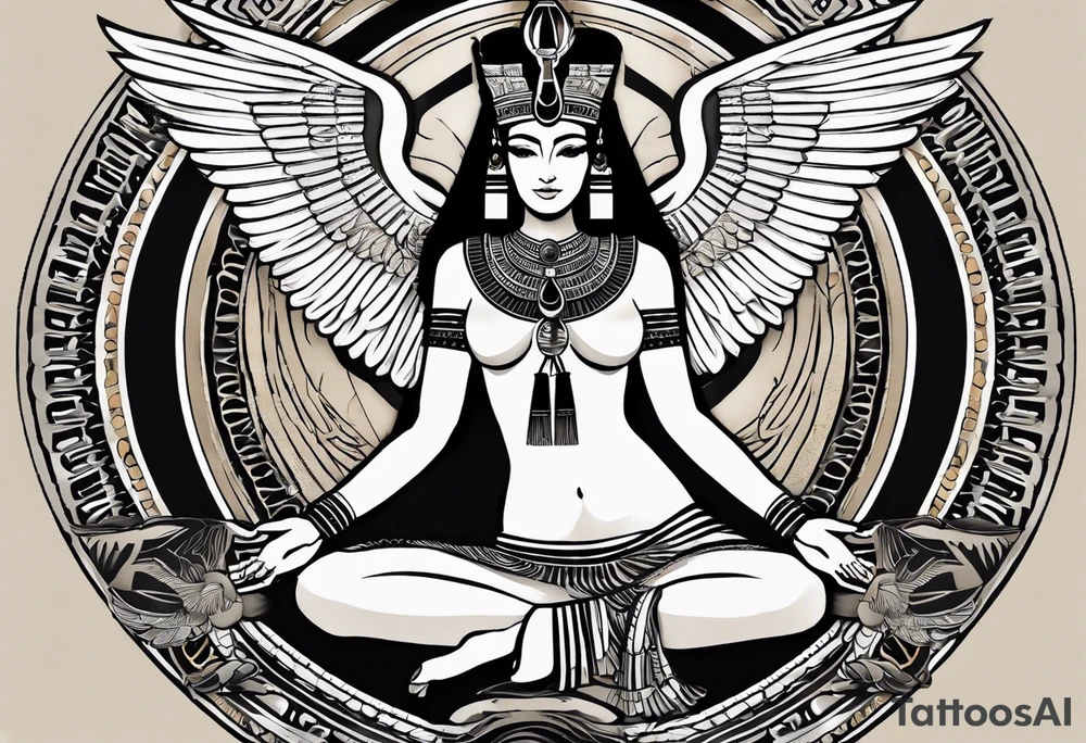 black and white Egyptian goddess Isis, who is often depicted as a woman with outstretched wings, holding an ankh (a symbol of life) in one hand and a lotus flower in the other. Her headdress often includes a throne or a solar disk. The tattoo design can vary in style and size, but it typically aims to capture the essence of this revered Egyptian deity, emphasizing her beauty, power, and maternal qualities. The choice of colors and additional elements can also be customized to create a unique and visually striking representation of the goddess Isis tattoo idea