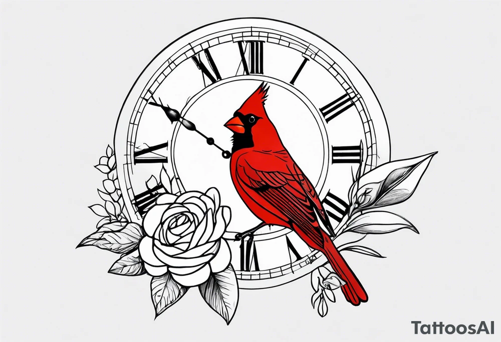 Trees, flowers, clock, red cardinal, representing growth from grief tattoo idea
