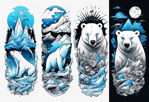 arm tattoo of weather and a little musclar polar bear and ice berg and some nature make colors primary black and white with a little blue tattoo idea