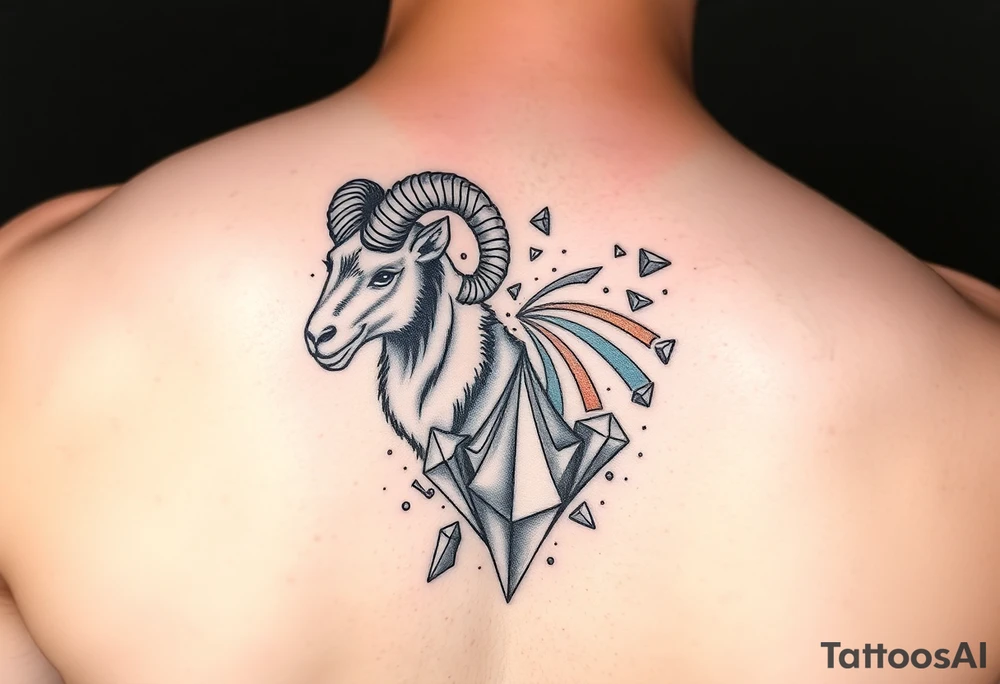 Capricorn ram breaking an unbreakable Simon’s that has fragments of rainbow coming of the diamond pieces tattoo idea