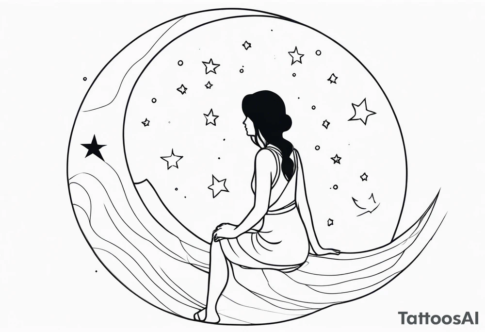 Woman sitting on a moon with opem hair over one shoulder wearing a dress with an open back seen from behind looking up at the stars. As a one line tattoo tattoo idea