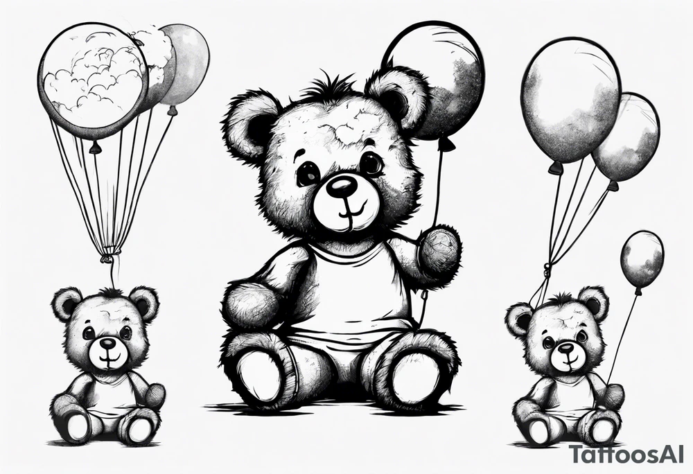 Scruffy teddy bear holding on to balloons and wearing a T-shirt saying dream going up to the sky tattoo idea