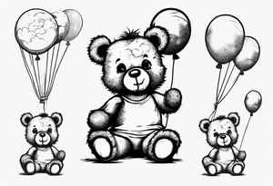 Scruffy teddy bear holding on to balloons and wearing a T-shirt saying dream going up to the sky tattoo idea