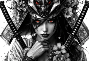 Woman samurai with red eyes wearing an half and broken kitsune mask like an hat, holding 
two katana and Sakura flowers ornement
Tatoo is for upper arm tattoo idea