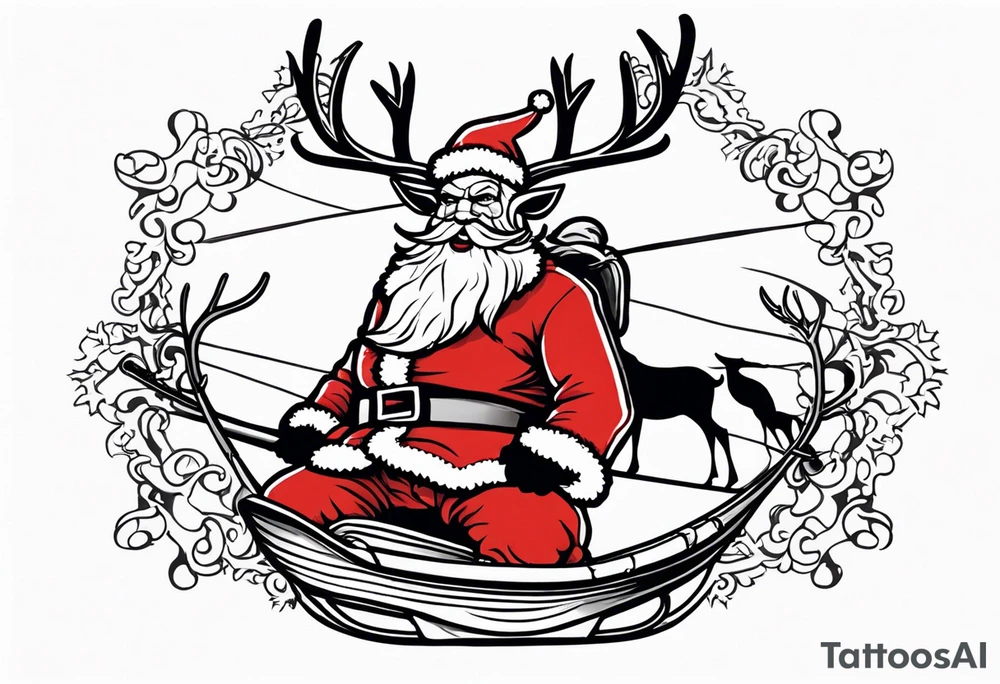 There will be a rope going down from it 
To which Santa Claus's sleigh is tied, but in the sleigh with reindeer there will be a krampus instead of a grandfather and they will be surrounded by a large snowflake tattoo idea