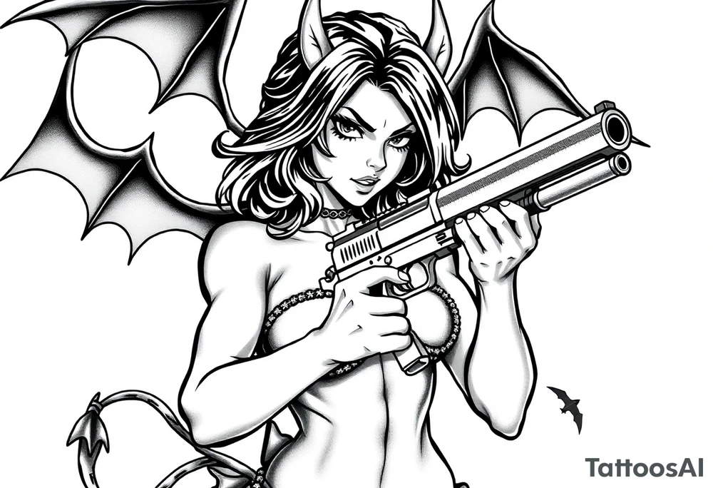 angry succubus holding gun, anime tattoo idea