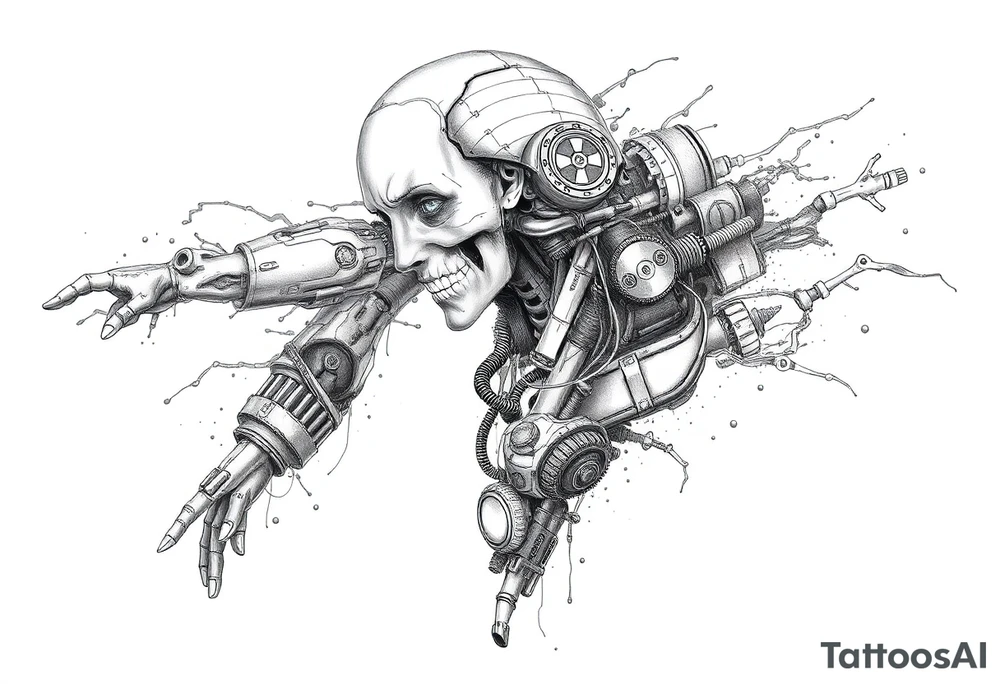 A full sleeve tattoo design The design features a melted skin effect, revealing detailed robotic parts and mechanical components underneath. The melted skin appears torn and organic, seamlessly transitioning to intricate gears, wires, and futuristic machinery beneath, creating a striking fusion of human and robotic elements. tattoo idea