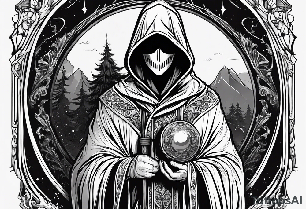 Hooded figure with no face carrying wooden staff with gem on top and wearing a long tattered cloak tattoo idea
