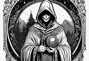 Hooded figure with no face carrying wooden staff with gem on top and wearing a long tattered cloak tattoo idea
