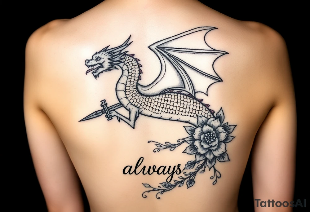 Dragon volando con la cabeza a la derecha y la cola hacia la izquierda. Que se encuentre enroscado por una espada y una tira de flores y que diga la.palabra always tattoo idea
