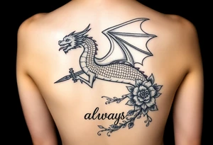 Dragon volando con la cabeza a la derecha y la cola hacia la izquierda. Que se encuentre enroscado por una espada y una tira de flores y que diga la.palabra always tattoo idea