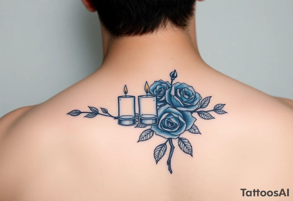 Blue roses, water, 2 candles, eyes tattoo idea
