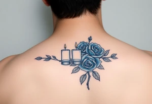 Blue roses, water, 2 candles, eyes tattoo idea