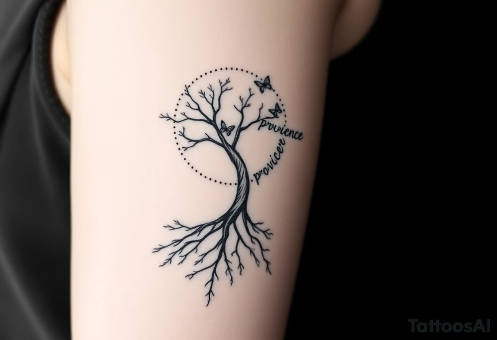 minimalistic tree of life that’s roots come out at bottom and make a dotted circle around the tree and have butterflies coming out of circle on top right and then the word “providence” curved around the right outside of the circle tattoo idea