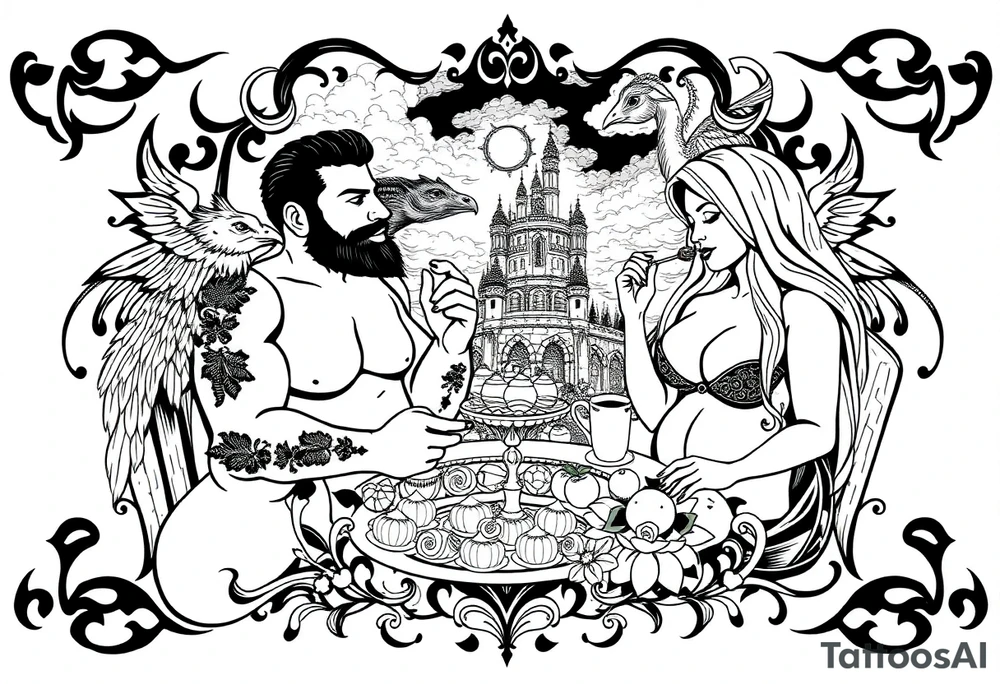 Naked Man and fat woman having sex eating cupcakes and  fruit  having sexy naked fat lady having a tea party with tea pots  with medieval castle  
with mystical  aries a pigs, peacock,  lion, goat, noose and smoking cigerettes looking in the mirror thru storm clouds and broken hearts and darkness and wrath, envy , gluttony, greed, sloth, pride . Gothic tattoo idea
