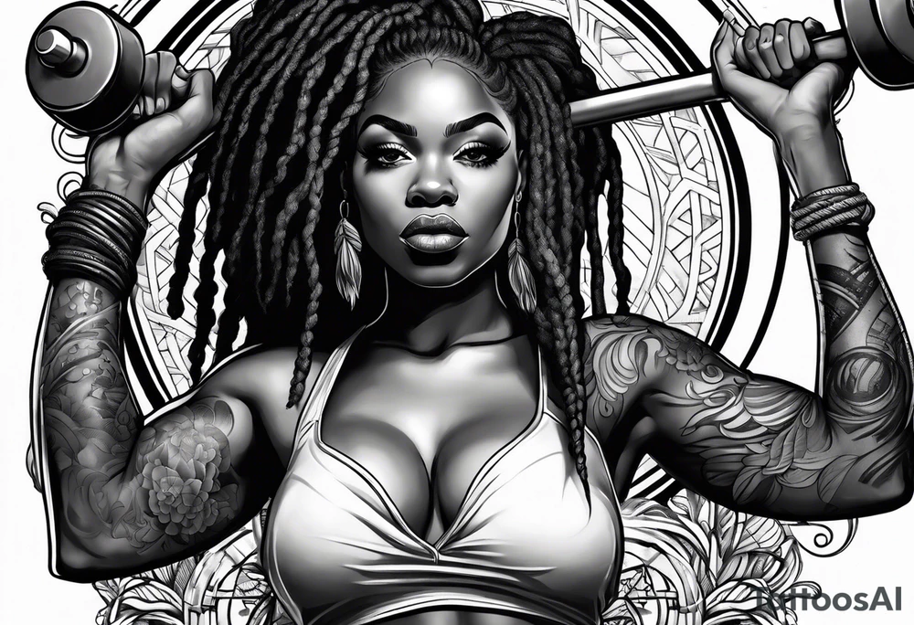 Black woman with locs whole body holding barbell tattoo idea