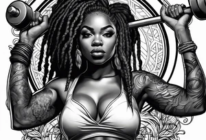 Black woman with locs whole body holding barbell tattoo idea