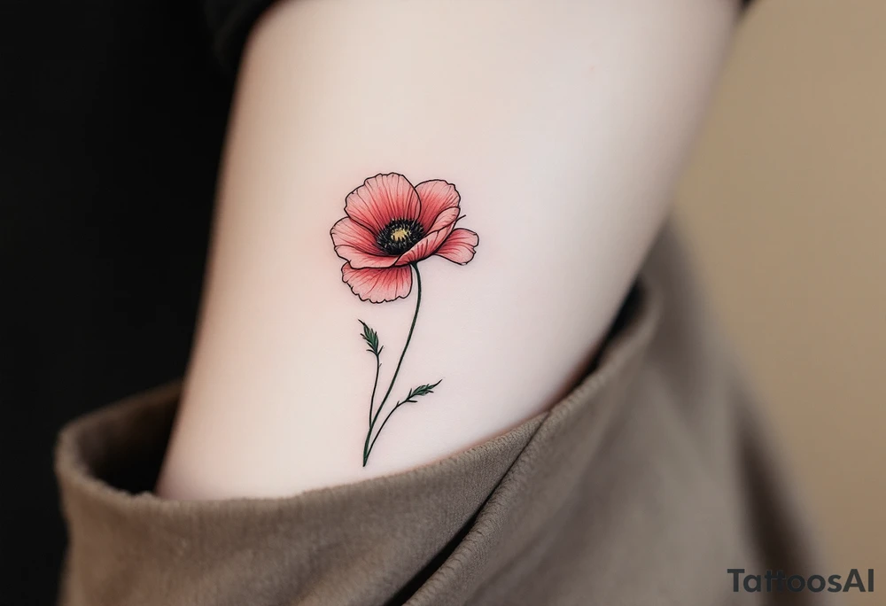 A single poppy flower with delicate, fine linework, featuring a vibrant red bloom with soft black shading at the center. The petals are light and flowing, giving the flower a gentle, airy appearance. A subtle green stem and a few slender leaves add a touch of natural elegance, while the overall design is minimalist, focusing on the beauty of the poppy in its simplest form. tattoo idea