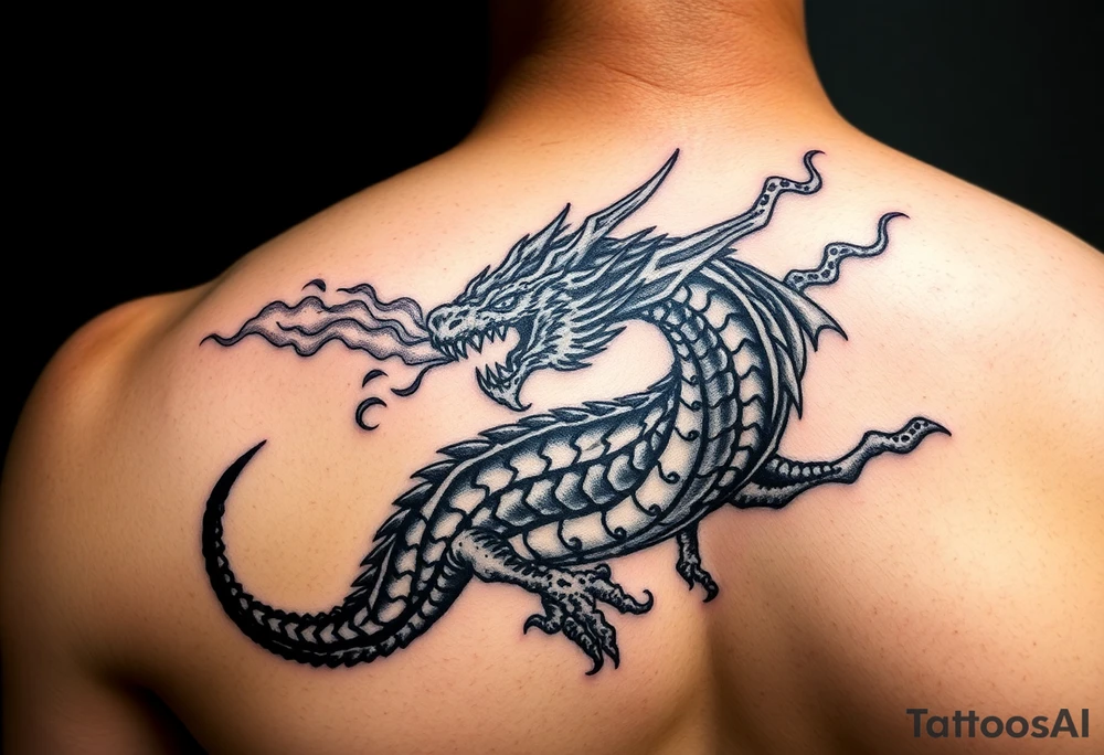 fierce dragon breathing iridescent fire against stormy skies tattoo idea