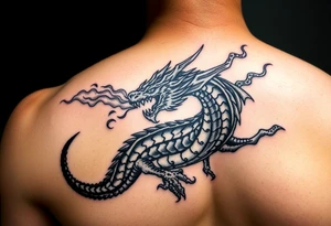 fierce dragon breathing iridescent fire against stormy skies tattoo idea