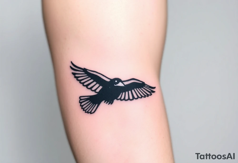 A minimalist raven in flight, with clean, sharp lines outlining the wings and body, using black ink for the raven and soft gray shading for the feathers to create depth. The raven’s eyes are highlighted with a subtle white dot for contrast. The background is left blank for a more elegant, clean look, symbolizing freedom, mystery, and transformation. tattoo idea