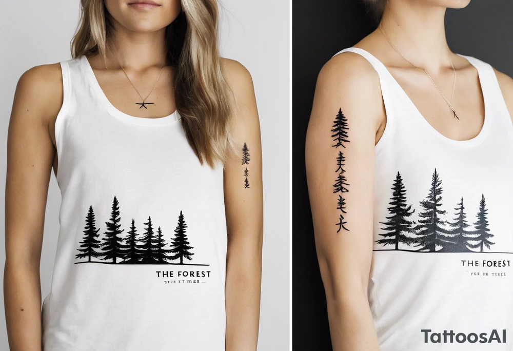 Tattoo with the words "see the forest for the trees" in any style font, around a tree in any way. black and white, tattoo, simple, elegant, pine tree, fine-line, easy to read tattoo idea