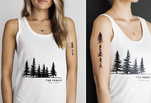 Tattoo with the words "see the forest for the trees" in any style font, around a tree in any way. black and white, tattoo, simple, elegant, pine tree, fine-line, easy to read tattoo idea