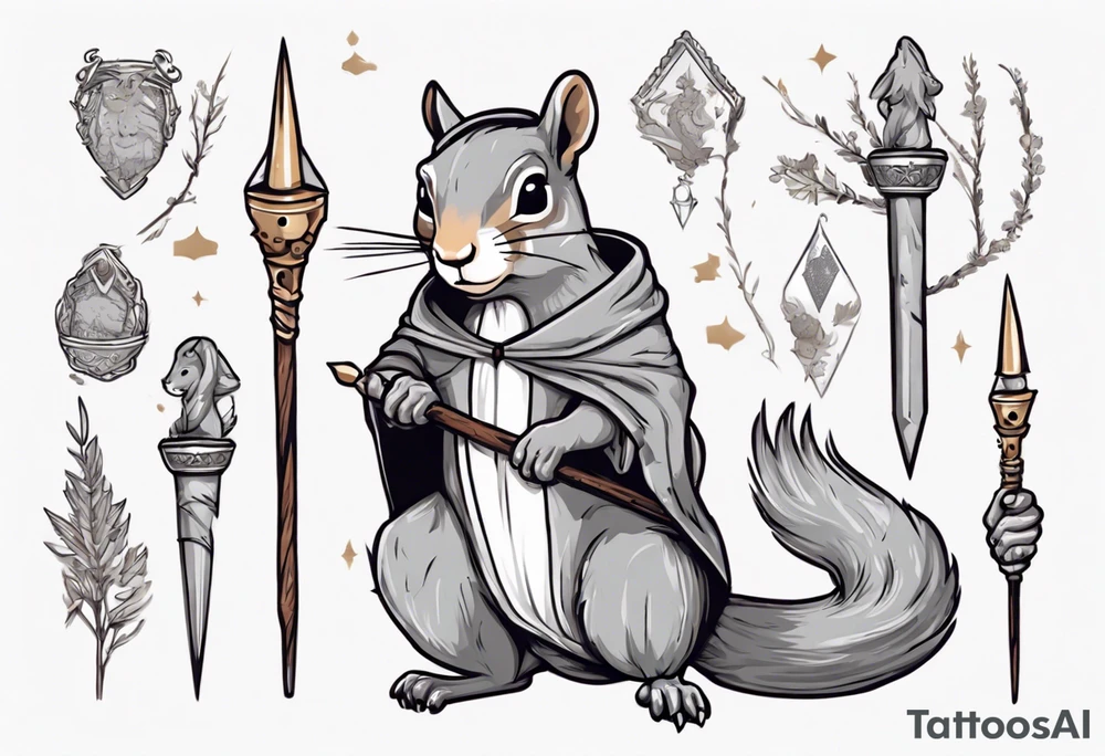 a grey squirrel dressed in a medieval tunic holding a silver unicorn horn spear tattoo idea