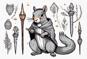 a grey squirrel dressed in a medieval tunic holding a silver unicorn horn spear tattoo idea