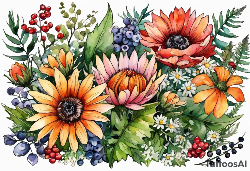 wildflowers with thistles, ferns, white flowers, cream flowers, sun flowers, orange flowers, green flowers, pink flowers, red flowers, berries and all in watercolor tattoo idea