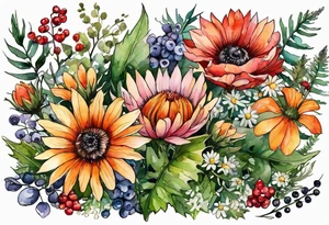 wildflowers with thistles, ferns, white flowers, cream flowers, sun flowers, orange flowers, green flowers, pink flowers, red flowers, berries and all in watercolor tattoo idea