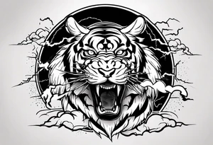 Tiger with lightning and the sun in the background for a forearm tattoo tattoo idea