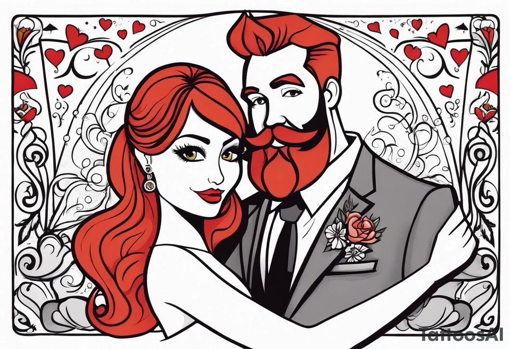Busty red haired woman with a bearded man who has black hair getting married tattoo idea