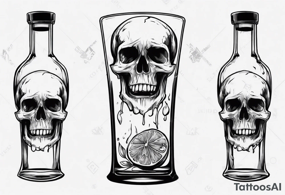 A scull inside the glass with alcohol and piece of lime tattoo idea