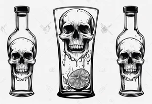 A scull inside the glass with alcohol and piece of lime tattoo idea
