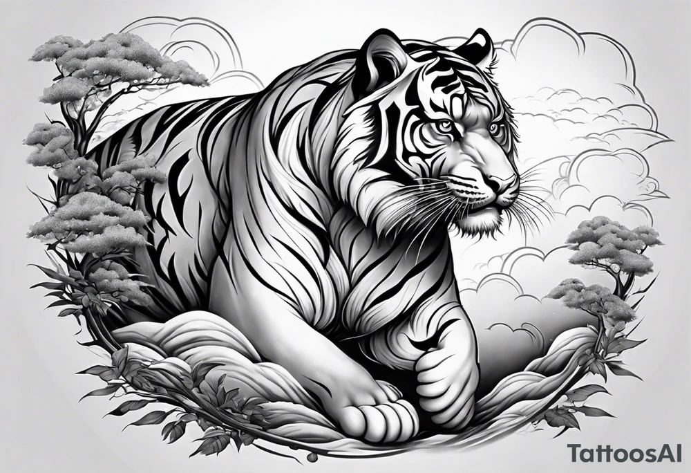 Asian Japanese Chinese style tiger with a full body not just head twisting body for a forearm half sleeve, clouds tattoo idea