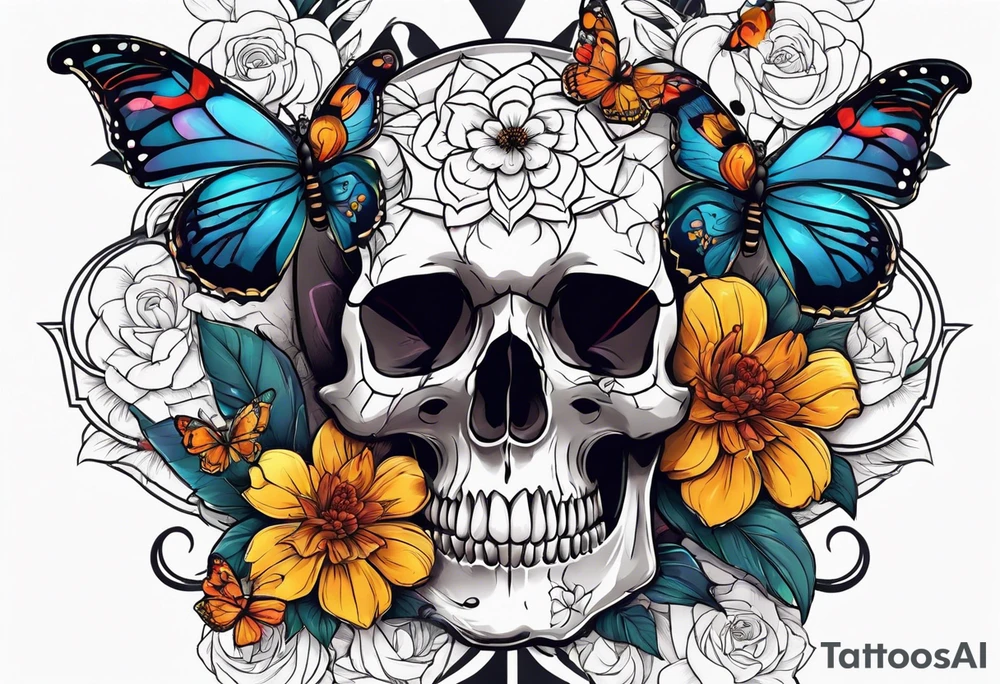 Skull tattoo with a scorpions, butterflies, and flowers tattoo idea