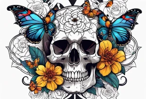 Skull tattoo with a scorpions, butterflies, and flowers tattoo idea