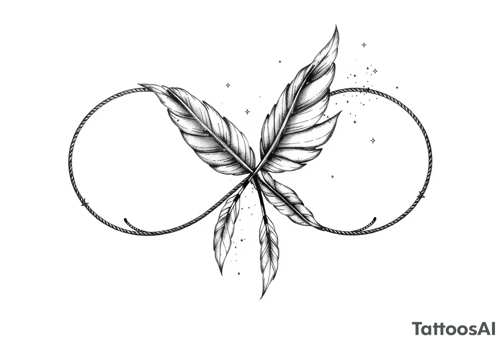 infinity symbol woven with floating feathers and stardust tattoo idea