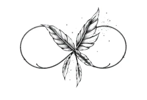 infinity symbol woven with floating feathers and stardust tattoo idea