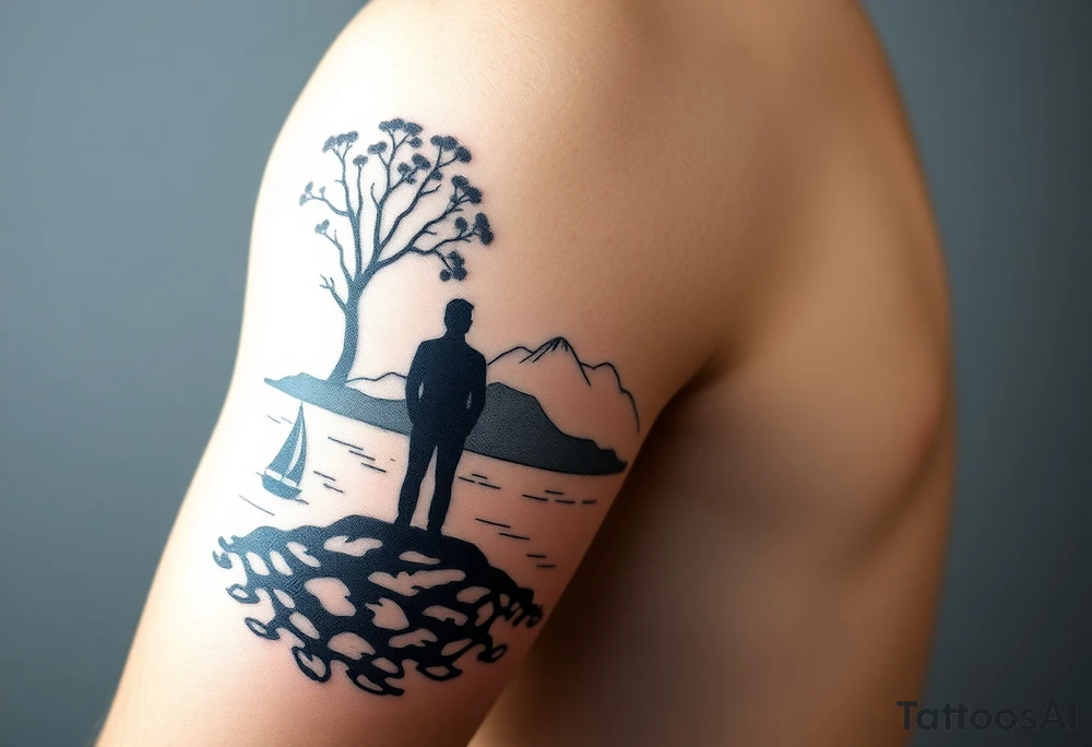 I want a minimalist design that will go on my right bicep, of a man's silhouette of a man on a shoreline, with a tree to his left, looking out at mountains in the distance, and a sailboat in the foreground.  but I want this around the arm, elbow and bicep area.  more of a wrap around on the arm please.   bottom left is okay, but less focus on the man's silhouette tattoo idea