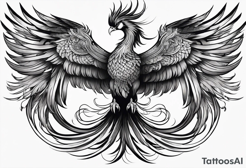 graceful asian style phoenix with extra long tail feathers and a long neck and large feathers tattoo idea