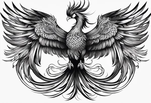 graceful asian style phoenix with extra long tail feathers and a long neck and large feathers tattoo idea