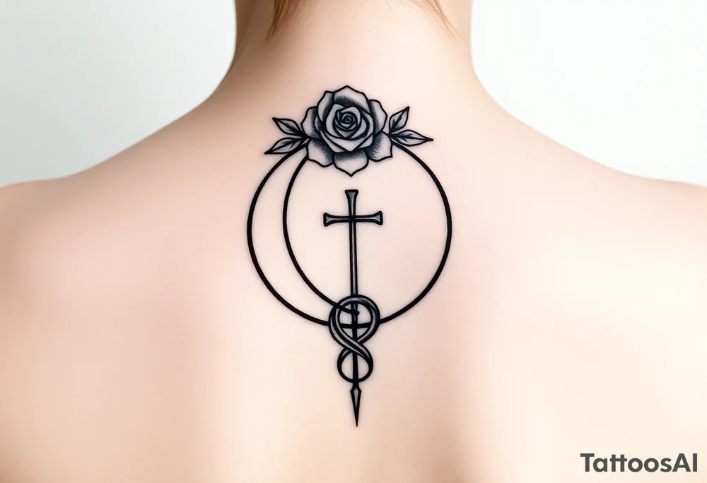 Tattoo with Lilith  symbol  (half moon with cross beneath) a loose knot and a rose around the top half of the half moon tattoo idea