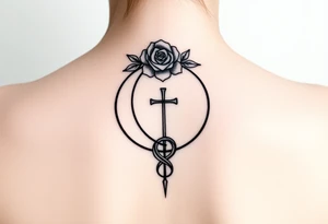 Tattoo with Lilith  symbol  (half moon with cross beneath) a loose knot and a rose around the top half of the half moon tattoo idea