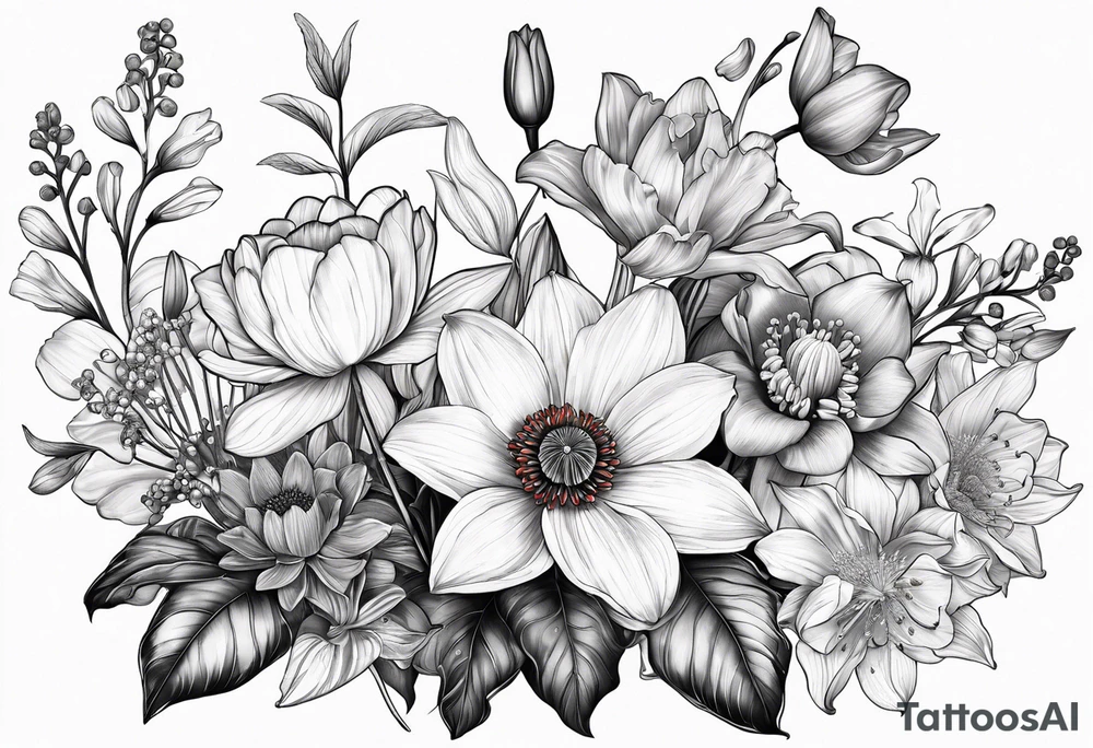 Poppy, water lily, Lily of the valley, daffodil, cosmo flower bouquet, portrait style tattoo idea